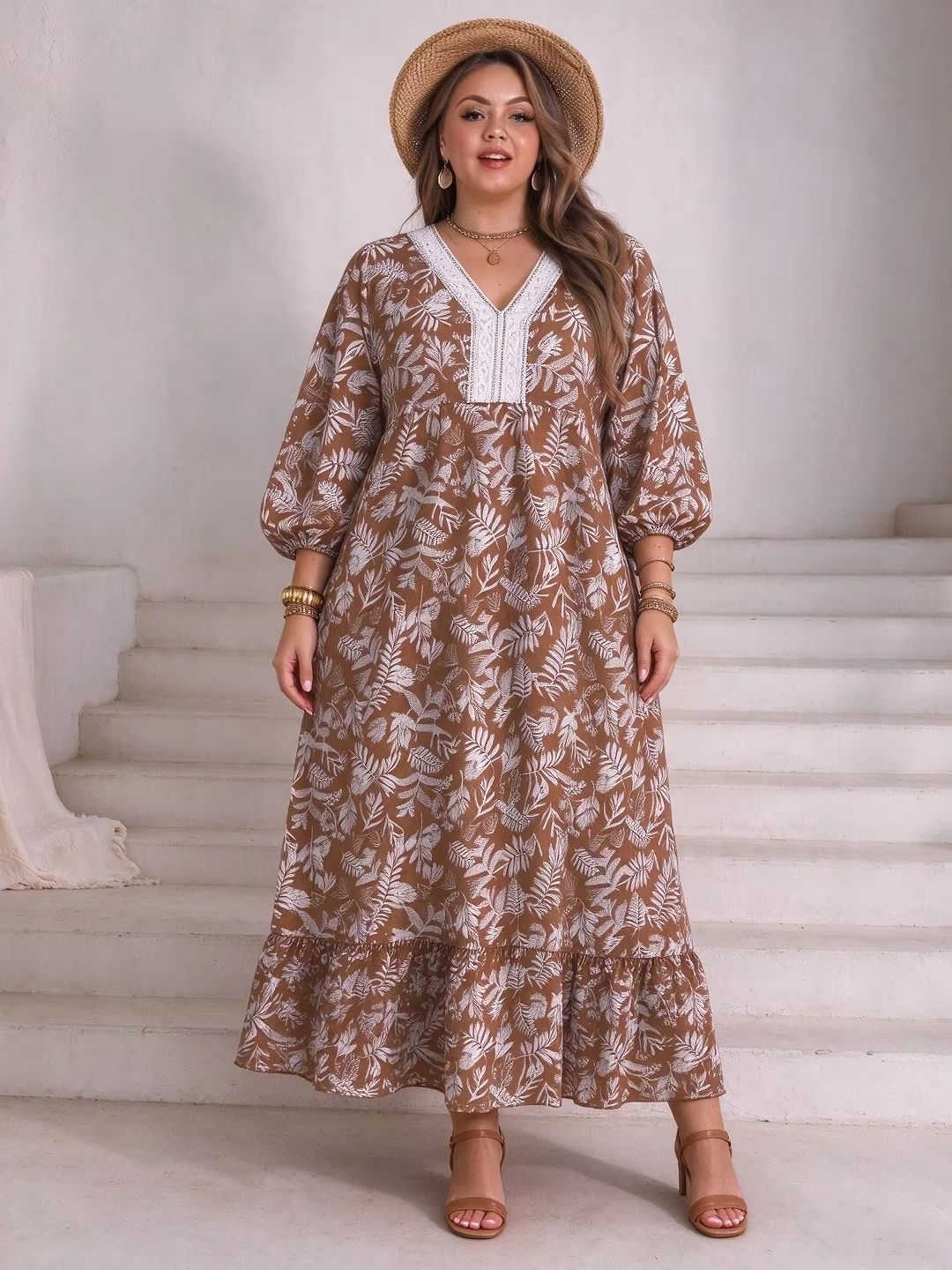 Boho Summer Beach Maxi Dress - Büyük Beden Kadın Yaprak Desenli Çiçekli