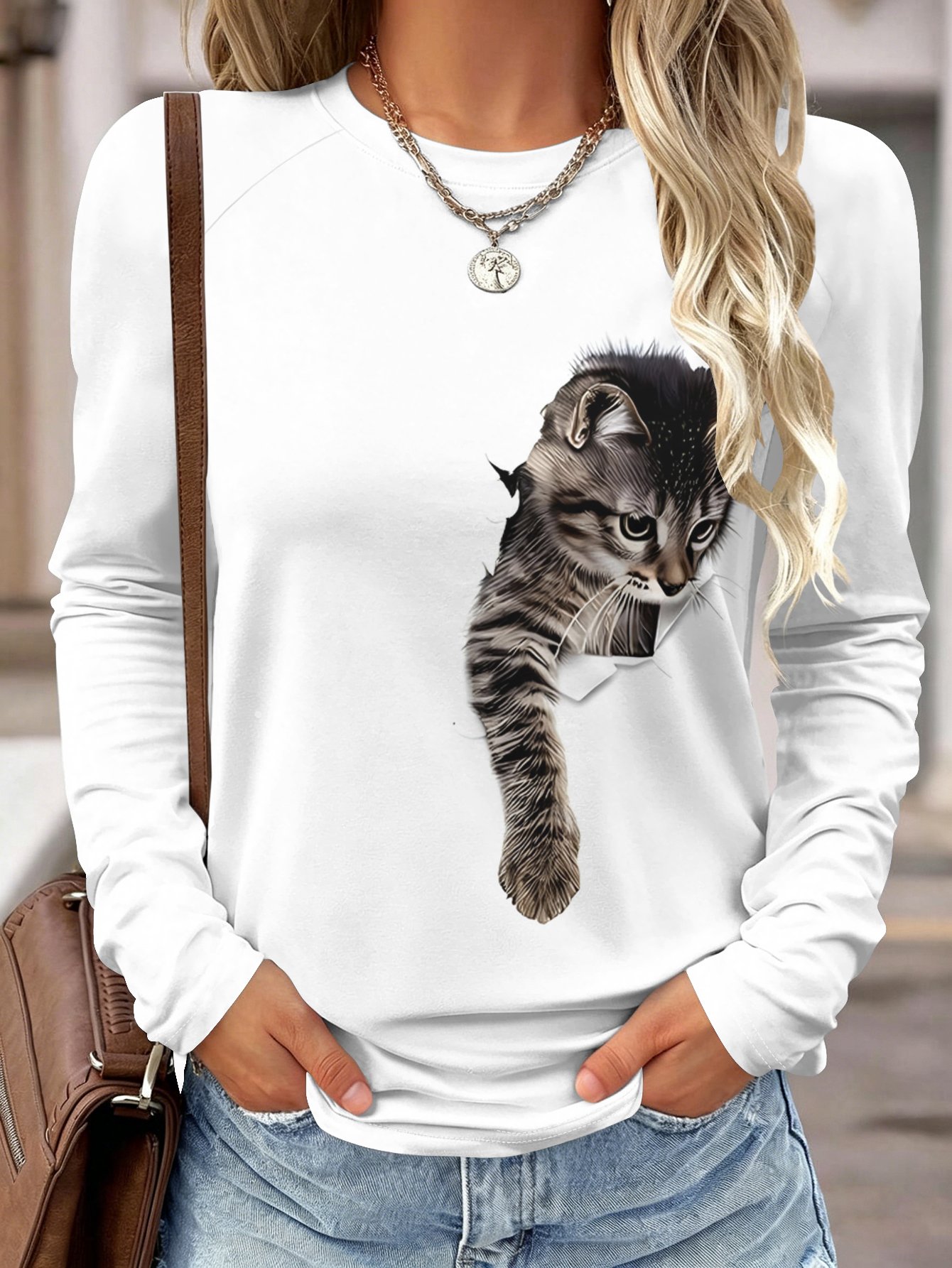 Blouses - Kadın Uzun Kollu Gömlek, Cepli, Kedi