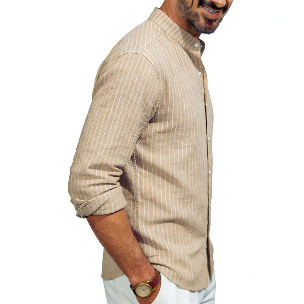 Casual Loose Linen Shirt Dress - Erkek Dik Yakalı Keten Gömlek, Uzun