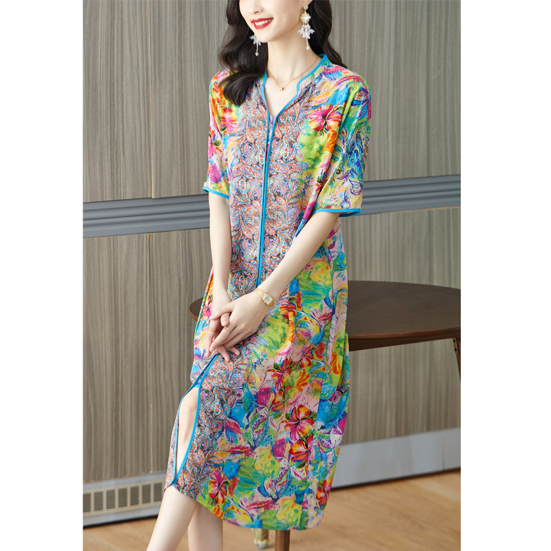 French Vintage Floral Midi Dress - 2024 yeni pembe çiçek dut ipek