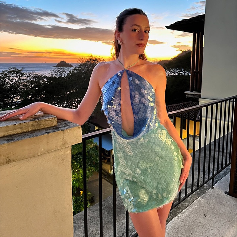 Y2K Backless Halter Mini Dress - ONE TO WAN Kadın Y2K Payet