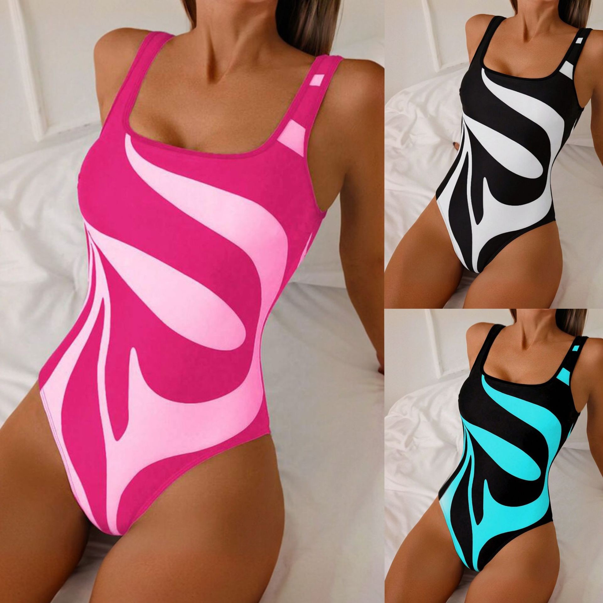 Swimwear - Kadın Tankini Soyut Baskılı Bikini Yüksek