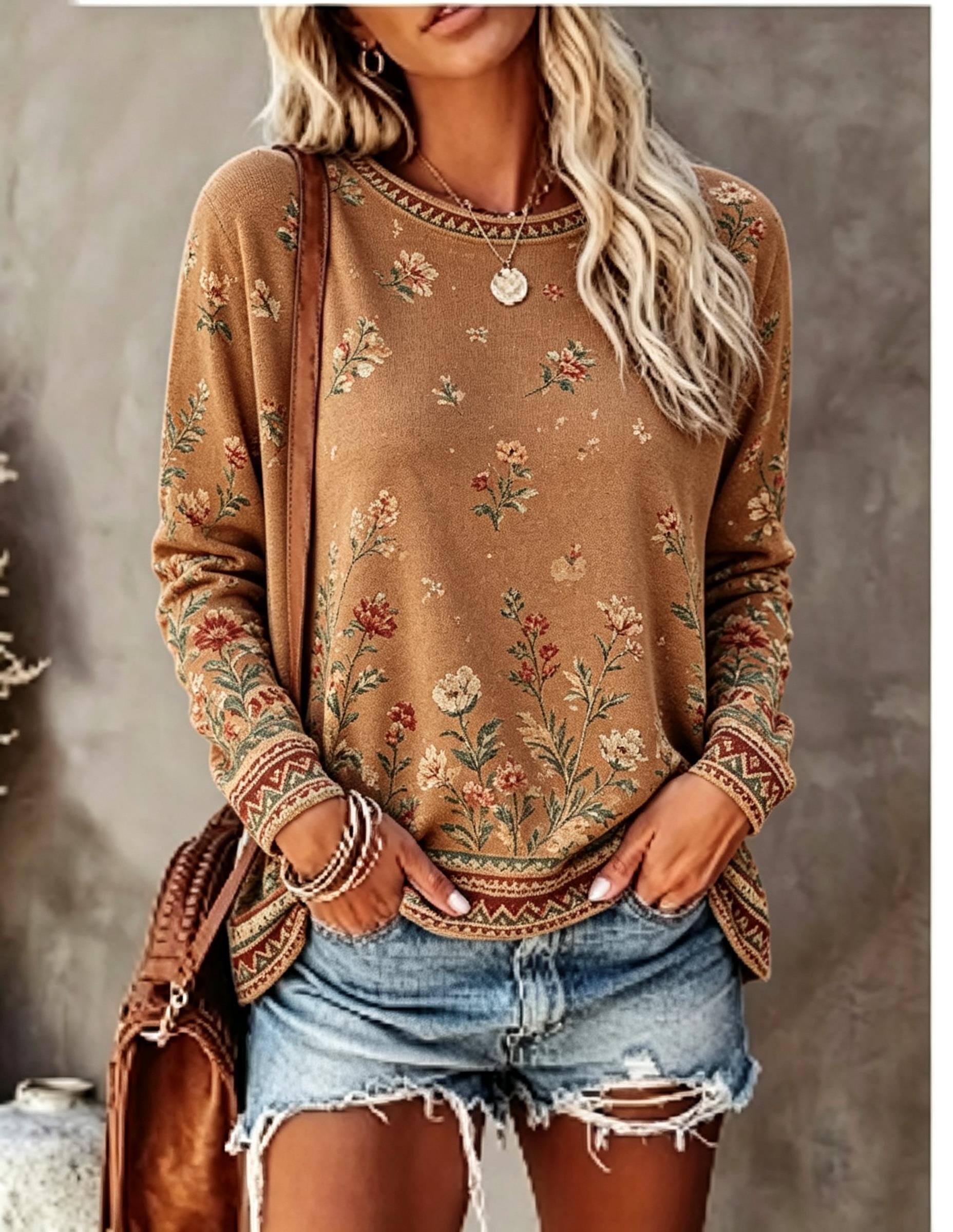 Blouses - Kadın Bisiklet Yaka Uzun Kollu Tişört,