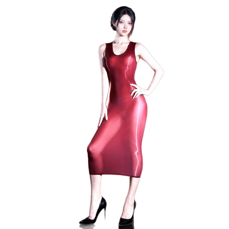 Sexy Mesh Sheer Bodycon Dress - Kadın Seksi Elbise Kolsuz Yağlı Parlak